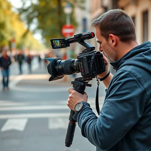 En reporter som filmer en gate scene med et videokamera, illustrerer 'Digital videoreportasje'.