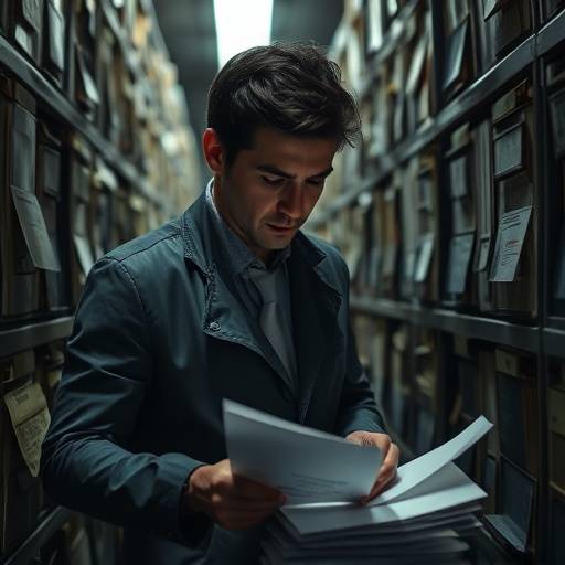 Journalist graver i dokumenter i et arkivrom, illustrerer 'Unders&oslash;kende journalistikk'.