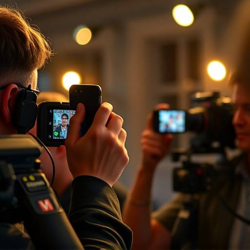 Journalist rapporterer direkte fra en hendelse med en mobiltelefon, illustrerer 'Mobiljournalistikk'.