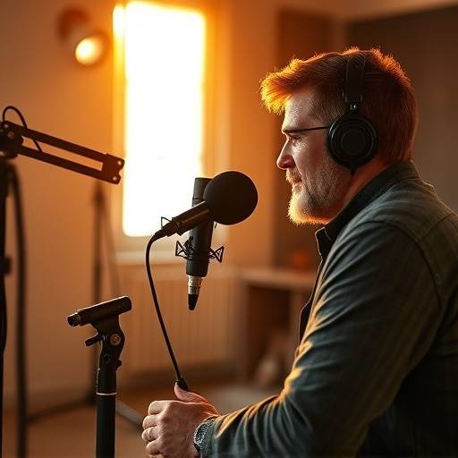 Journalist spiller inn en podcast i et studio, illustrerer 'Podcast-produksjon'.